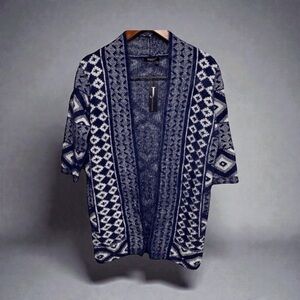🌀 Janice Navy White Geometric Knit Open Front Cardigan